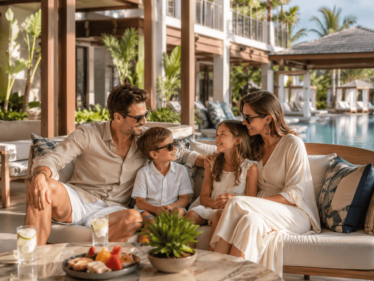 Family holidays Couple enjoying a luxury honeymoon beach holiday at sunset