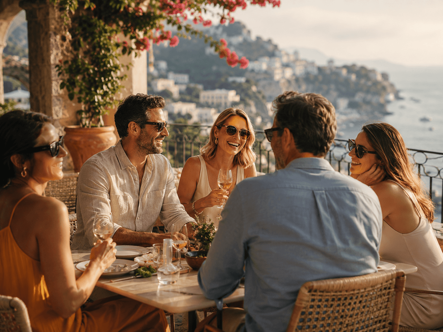 Group travel luxury coastal terrace Couple enjoying a luxury honeymoon beach holiday at sunset
