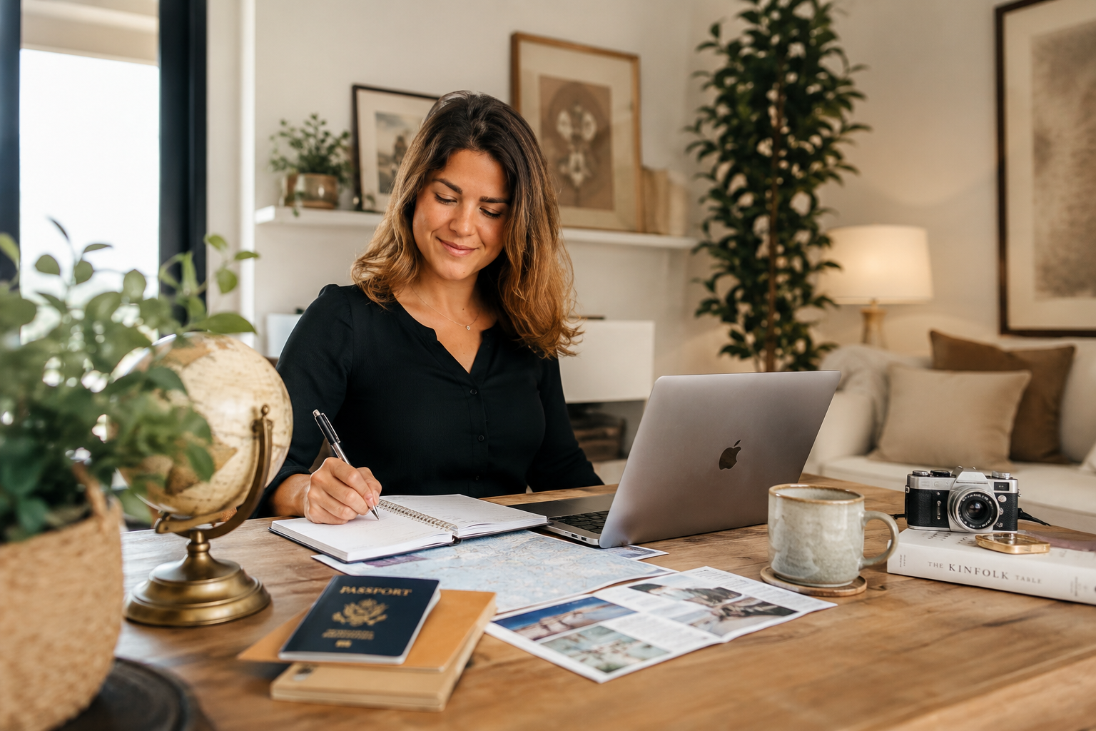 Jasmina personal travel planning at home Jasmina planning travel details at a table with a laptop, notebook and travel documents