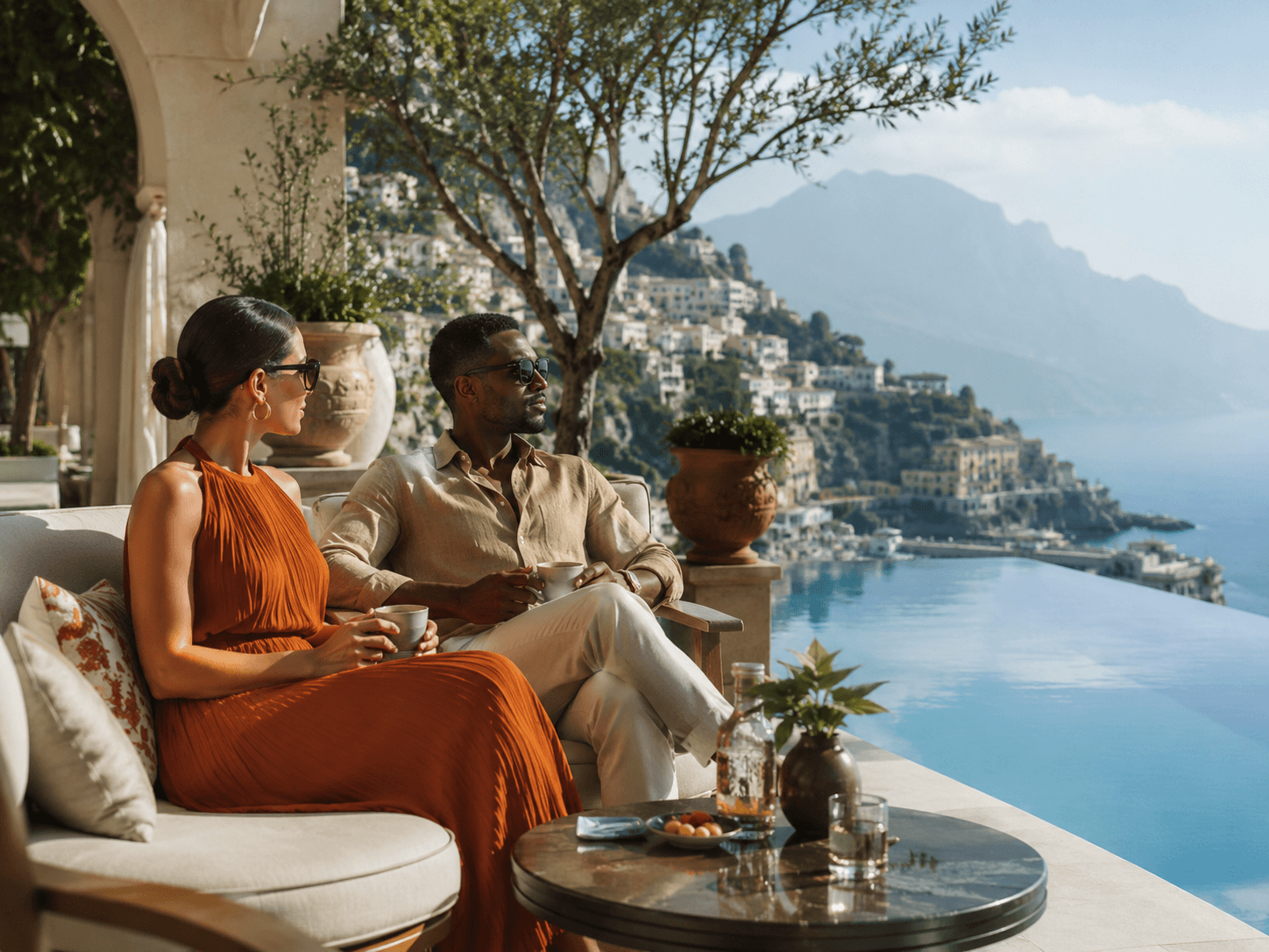 Luxury escapes Couple relaxing on a colourful luxury terrace overlooking the sea