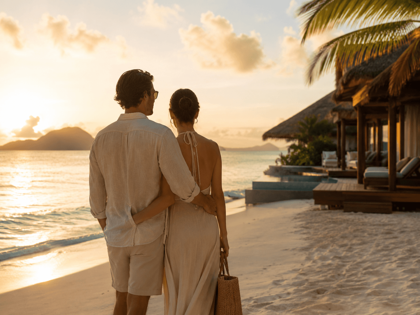Luxury honeymoon beach couple Couple enjoying a luxury honeymoon beach holiday at sunset