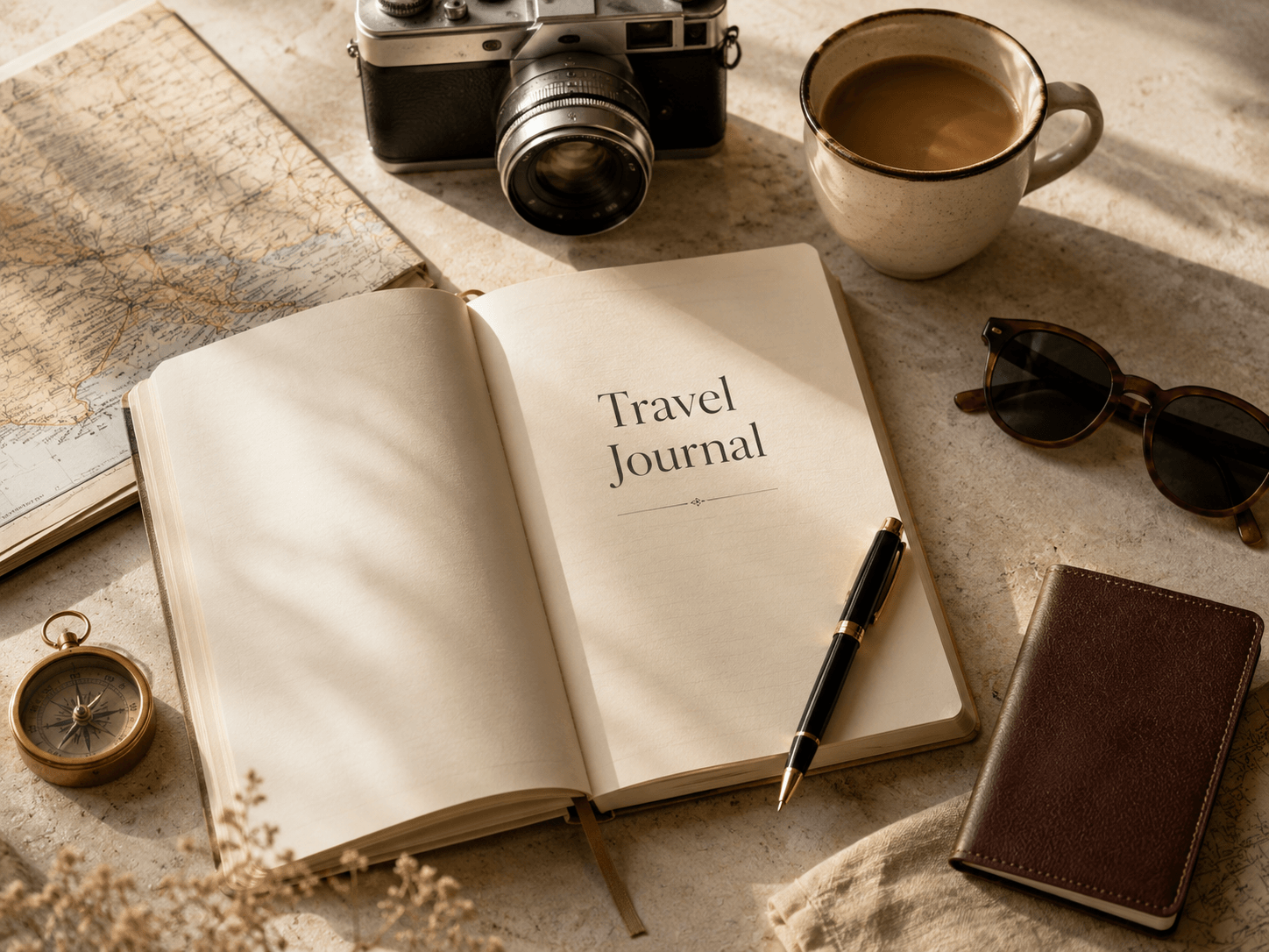 Travel journal with map and camera Open travel journal with a map, camera, coffee cup, sunglasses, pen, and notebook on a warm neutral desk